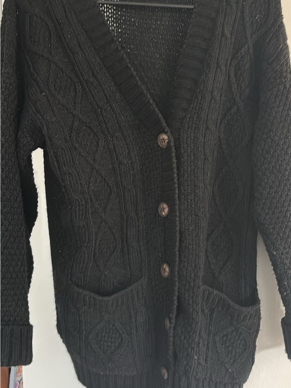 Men's Black Cable Knit Button-Front Cardigan Sweater